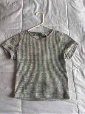Textured Short Sleeve Knit Crop Top - Light Gray & White